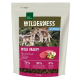 1 kg Beutel Real Nature Wilderness Junior Hundefutter mit Wolfshunden, beschriftet "Wild Valley" (Pferd & Rind), 70% Fleisch, 30% Früchte/Gemüse.