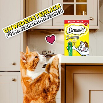 Orange-weiße Katze greift nach einer Dreamies Creamy Katzenleckerlibox auf einer Küchenarbeitsplatte mit Text „UNWIDERSTEHLICH FÜR KATZEN UND KÄTZCHEN“.