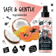 Flasche Bugalugs Papaya & Kokosnuss Katzenkolonie mit Bildern von Papaya und Kokosnuss, gekennzeichnet als sicher, vegan, pH-neutral und tierversuchsfrei.