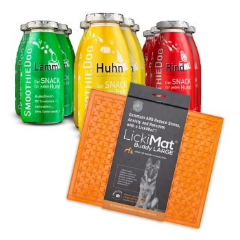 Vier bunte Gläser mit SmoothieDog-Haustiersnacks, beschriftet mit "Huhn", "Lamm" und "Rind", neben einem orangefarbenen LickiMat Buddy Large.