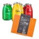 Vier bunte Gläser mit SmoothieDog-Haustiersnacks, beschriftet mit "Huhn", "Lamm" und "Rind", neben einem orangefarbenen LickiMat Buddy Large.