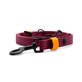 Burgunderfarbene Hundeleine mit schwarzem Drehclip, schwarzen D-Ringen und orangefarbener Sicherungsschlaufe vor weißem Hintergrund.