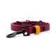 Burgunderfarbene Hundeleine mit schwarzem Drehclip, schwarzen D-Ringen und orangefarbener Sicherungsschlaufe vor weißem Hintergrund.