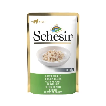 Schesir Erwachsenen Katzenfutterbeutel mit Hühnerfilets in Gelee, mit einer Schüssel mit zerrissenem Huhn auf der Vorderseite und mehrsprachigem Text.