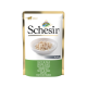 Schesir Erwachsenen Katzenfutterbeutel mit Hühnerfilets in Gelee, mit einer Schüssel mit zerrissenem Huhn auf der Vorderseite und mehrsprachigem Text.