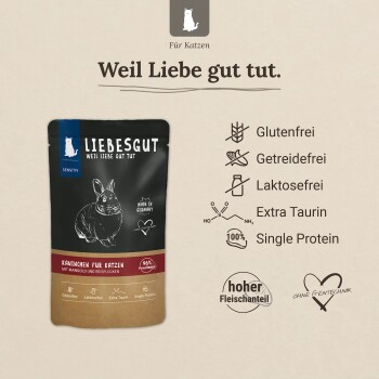 Liebesgut Katzenfutterbeutel (Kaninchen) mit Slogan 'Weil Liebe gut tut.' Sichtbare Angaben: 'Glutenfrei, Getreidefrei, Laktosefrei'
