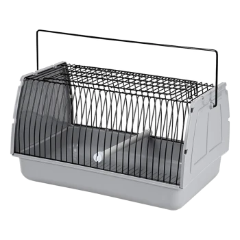 Gray pet carrier with a black wire top and a handle, featuring a removable bottom tray and a small white tube inside.