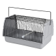 Gray pet carrier with a black wire top and a handle, featuring a removable bottom tray and a small white tube inside.