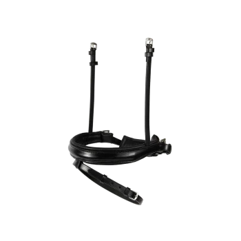 Schwarzes Leder-Halsband für Haustiere mit einer silbernen Schnalle, auf einer weißen Oberfläche liegend.