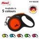 Flexi retractable dog leash in neon orange, featuring a honeycomb design and a black handle, with text indicating it's available in 5 colors.