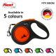 Flexi retractable dog leash in neon orange, featuring a honeycomb design and a black handle, with text indicating it's available in 5 colors.