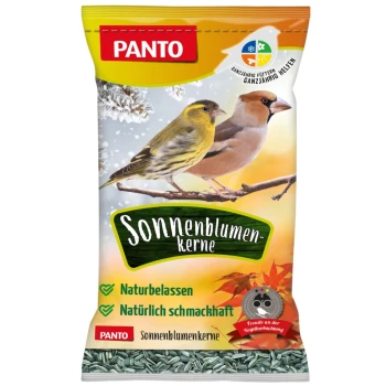 SONNENBLUMENKERNE GESTREIFT 20kg Eine Tüte PANTO Sonnenblumenkerne für Vögel, mit zwei Vögeln, die auf einem Ast sitzen, und dem deutlich sichtbaren Text "Sonnenblumenkerne".