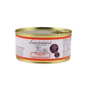 Eine Dose Hundefutter mit der Aufschrift "boos Rinder - Mix", mit einem goldenen Deckel und einem weißen Etikett mit roten Akzenten, das anzeigt, dass es sich um ein Ergänzungsfutter für Hunde handelt.