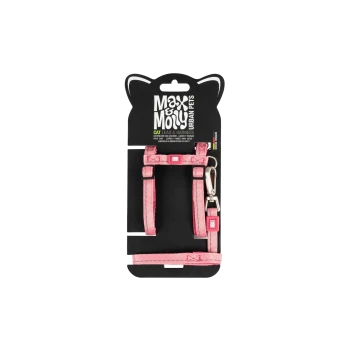 Rosa Katzengeschirr und -leine auf schwarzer Verpackung von Max & Molly Urban Pets (Cat Lead & Harness).