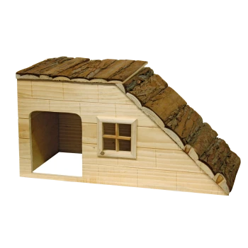 Holzhaustierhaus mit einem schrägen Rinden-Dach, mit einem Eingang und einem kleinen Fenster, ideal für kleine Tiere.