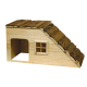 Holzhaustierhaus mit einem schrägen Rinden-Dach, mit einem Eingang und einem kleinen Fenster, ideal für kleine Tiere.