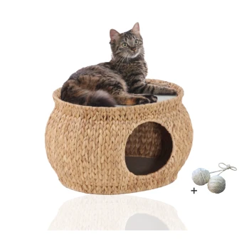 Eine getigerte Katze, die auf einem runden, geflochtenen Katzenbett mit einem gemütlichen Versteck liegt, begleitet von zwei Seilbällen.