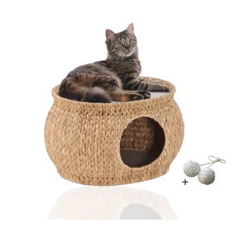 Eine getigerte Katze, die auf einem runden, geflochtenen Katzenbett mit einem gemütlichen Versteck liegt, begleitet von zwei Seilbällen.