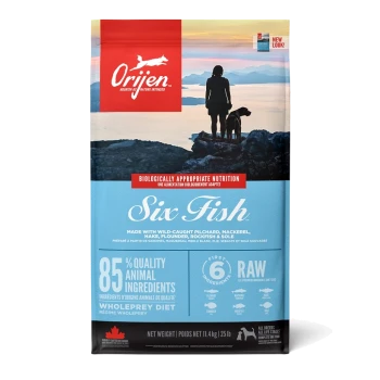 Orijen Six Fish dog food bag featuring a silhouette of a person and dog by the water, highlighting 85% quality animal ingredients and raw diet.