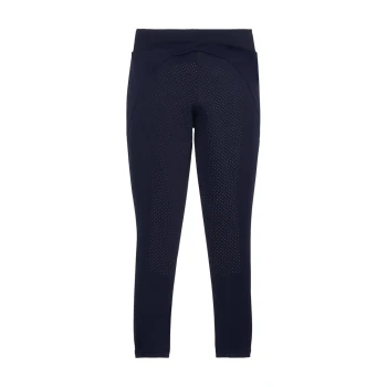 Marineblaue Sportleggings mit hohem Bund und perforiertem Design auf der Rückseite für Atmungsaktivität.