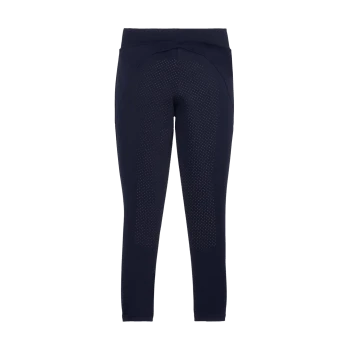 Marineblaue Sportleggings mit hohem Bund und perforiertem Design auf der Rückseite für Atmungsaktivität.