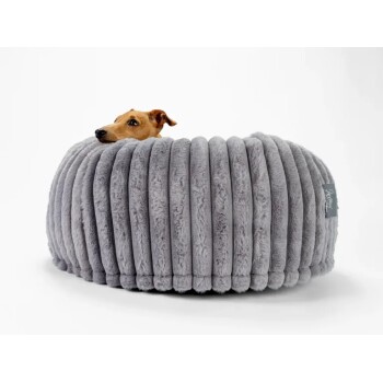 Kleiner brauner Hund, der seinen Kopf auf einem runden, grauen, gerippten Plüschhaustierbett mit sichtbarem Etikett ausruht.