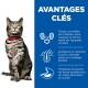 Un chat tigré avec un collier rouge sur un fond blanc, à côté d'un panneau bleu mettant en avant les bienfaits pour la santé urinaire et la peau.
