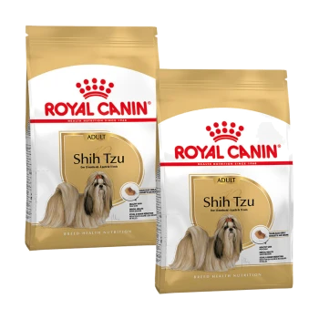 Zwei Säcke Royal Canin Hundefutter für Shih Tzus, gekennzeichnet mit 'ADULT' und einem Bild eines Shih Tzu sowie Text über gesunde Haut und Fell.