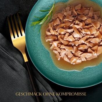 Ein türkisfarbener Teller mit nassem Katzenfutter, garniert mit Rosmarin, einer goldenen Gabel und einer dunklen Serviette. Text: "GESCHMACK OHNE KOMPROMISSE."