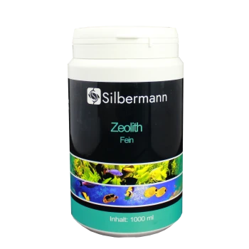 Behälter mit Silbermann Zeolith Fein, einem feinen Zeolithprodukt für Aquarien, mit einem Fassungsvermögen von 1000 ml, das bunte Fischbilder auf dem Etikett zeigt.