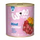 Dosen-Hundefutter mit der Bezeichnung "WOW Dog Rind Junior" mit Rindfleisch, mit Fleischstücken und Kürbis auf der Vorderseite, hergestellt in Österreich.