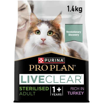 Purina Pro Plan LiveClear sterilisiertes Katzenfutter für ausgewachsene Katzen, reich an Truthahn, 1,4 kg, mit Katzenbild und Text "Revolutionäre Entdeckung".