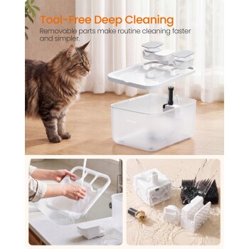 Katze neben zerlegtem weißem Haustier-Wasserbrunnen, demontierte Teile werden abgespült; sichtbarer Text: 'Tool-Free Deep Cleaning'.
