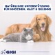Bild zur Förderung von Haustier-Nahrungsergänzungsmitteln mit dem Text "Spezielle Zusammensetzung" und Symbolen für Omega-3 und Calcium, mit einer Kapselgrafik.