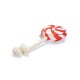 Rot-weißes Pfefferminzwirbel-Hundespielzeug mit einem geknoteten Seilgriff und einem kleinen Etikett mit der Aufschrift „beeztees“ auf weißem Hintergrund.