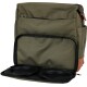 Sac à dos de transport pour animaux de compagnie vert olive avec une poche frontale zippée et un compartiment ouvert révélant deux bols noirs pour nourriture ou eau.