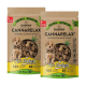 Deux sacs de friandises calmantes pour chiens Sparrow Cannarelax, mettant en vedette un petit chien, avec 70 % de poulet, chanvre, et 7,5 % d'herbes, sans céréales.