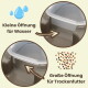 Futterspender: kleine Öffnung für Wasser ('Kleine Öffnung für Wasser') und große Öffnung für Trockenfutter ('Große Öffnung für Trockenfutter').