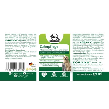 FORTAN Zahnpflege für Hunde und Katzen, 50 ml. Vom Tierarzt empfohlene Formel verhindert Plaque, schlechten Atem und Zahnfleischerkrankungen.