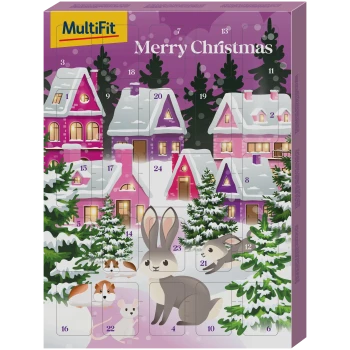 Bunter Adventskalender mit schneebedeckten Häusern, Kiefern und verspielten Tieren wie Kaninchen und Meerschweinchen, mit dem Text "Frohe Weihnachten".