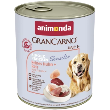 Boîte de nourriture pour chien Animonda GranCarno étiquetée « Single Protein Reines Huhn + Reis », montrant un golden retriever et une gamelle.