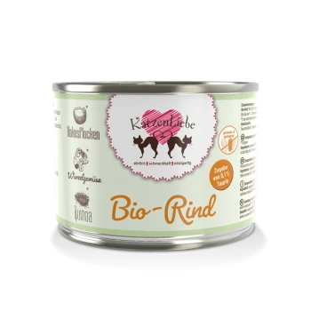 Dose Katzenfutter mit der Aufschrift 'Bio-Rind' von der Marke 'Katzenliebe', mit einem Herzlogo und Symbolen für Zutaten wie Quinoa und Gemüse.