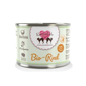 Blik kattenvoer gelabeld 'Bio-Rind' van het merk 'Katzenliebe', met een hartlogo en iconen voor ingrediënten zoals quinoa en groenten.