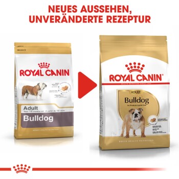 Zwei Royal Canin Bulldog-Hundefutterbeutel nebeneinander, die ein neues Design und dasselbe Rezept zeigen. Text: "NEUES AUSSEHEN, UNVERÄNDERTE REZEPTUR."