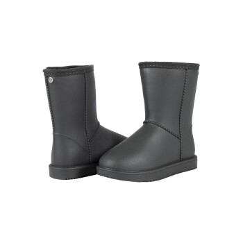 Ein Paar schwarze wasserdichte Haustierstiefel mit weichem Futter und strukturiertem Boden, entworfen für den Außeneinsatz.