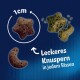 Friandises pour animaux en forme d'étoile et de croissant, référence de taille de 1 cm, avec le texte : "Leckeres Knuspern in jedem Bissen."