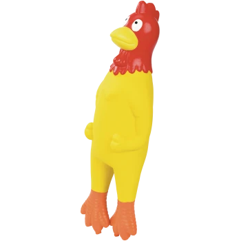 Gelbes Gummi-Huhn-Quietschspielzeug für Hunde mit rotem Kopf, gelbem Schnabel und orangen Füßen.