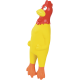 Yellow rubber chicken dog toy with red head, yellow beak and orange feet