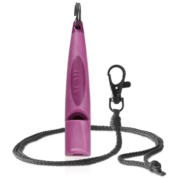 Lila ACME 211,5 Hundepfeife mit schwarzem geflochtenem Halsband und Metallclip auf weißem Hintergrund.