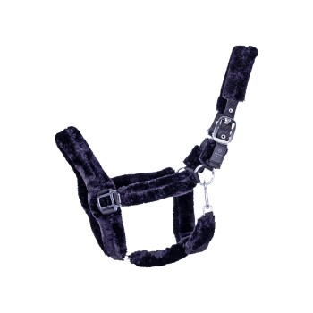 Schwarzes, plüschiges Haustiergeschirr mit verstellbaren Riemen und Metallclips, entworfen für Komfort und Sicherheit.